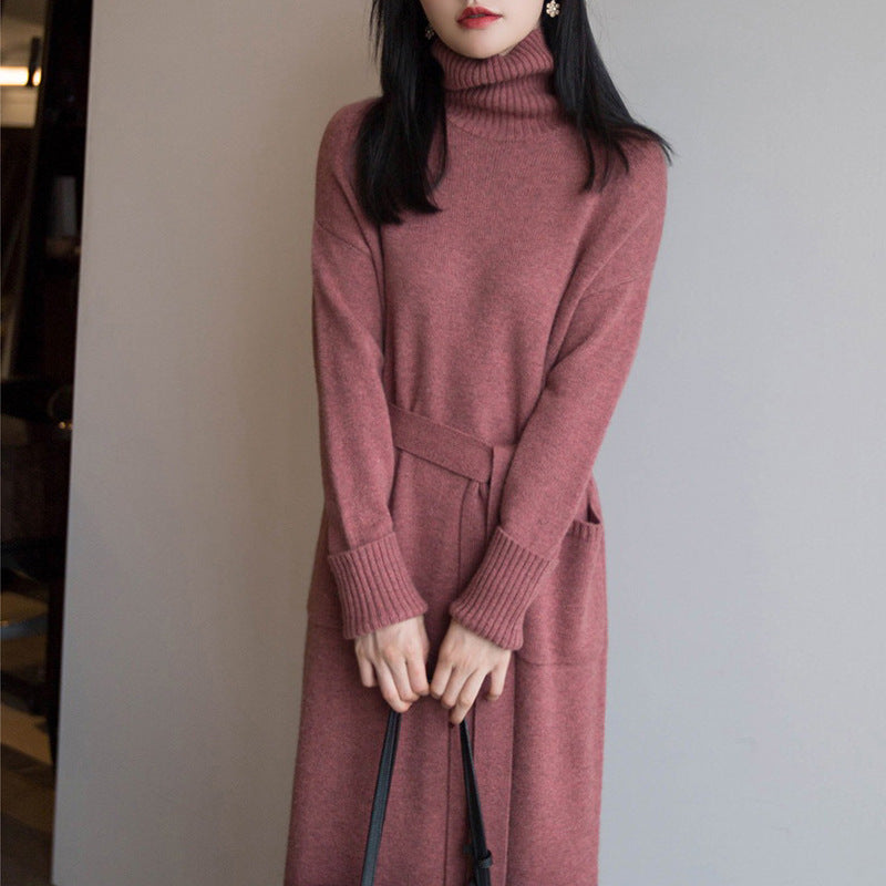 Turtle Neck  Solid Long Sleeve Dresses