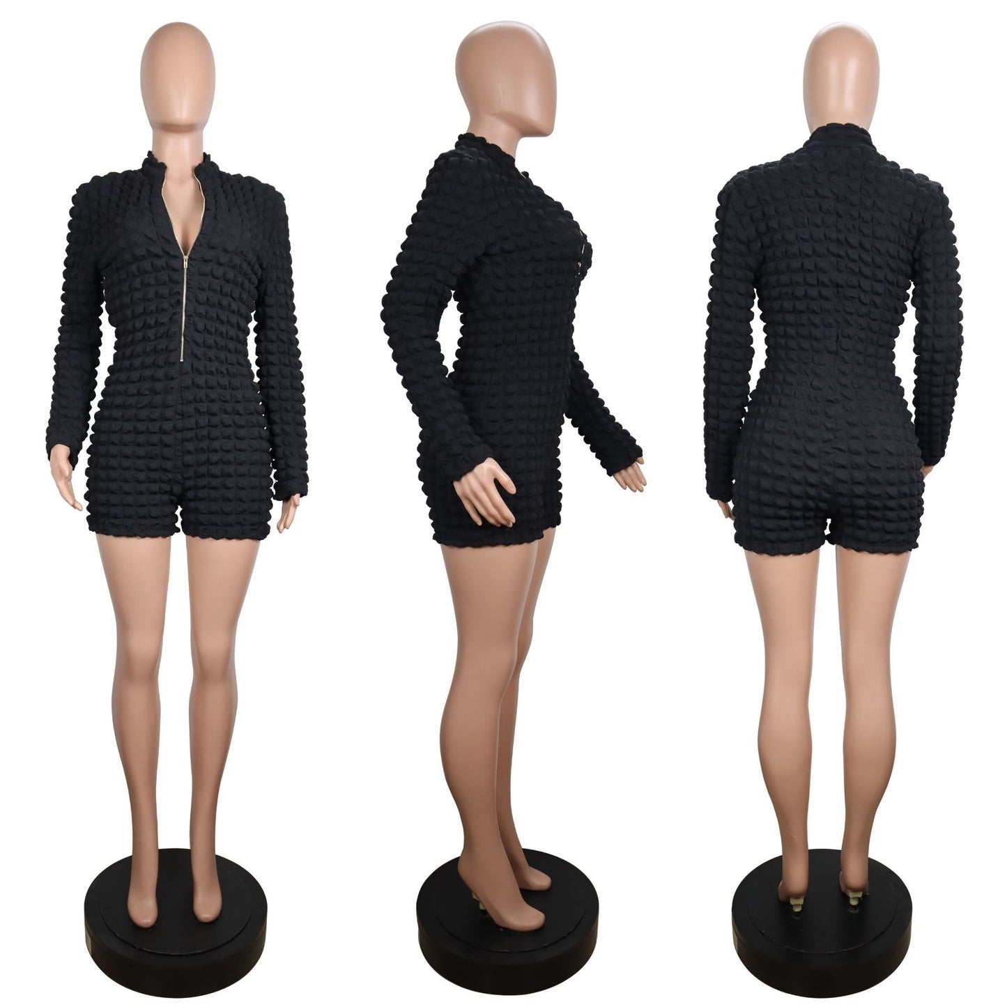 Tight Pure Color Zipper Long Sleeve Rompers