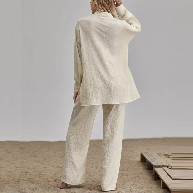 Casual Solid Linen  Matching Blouse And Trouser Sets