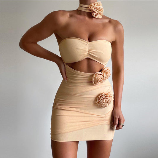 Women Apricot  Ruched Flower Strapless Mini Party Dress