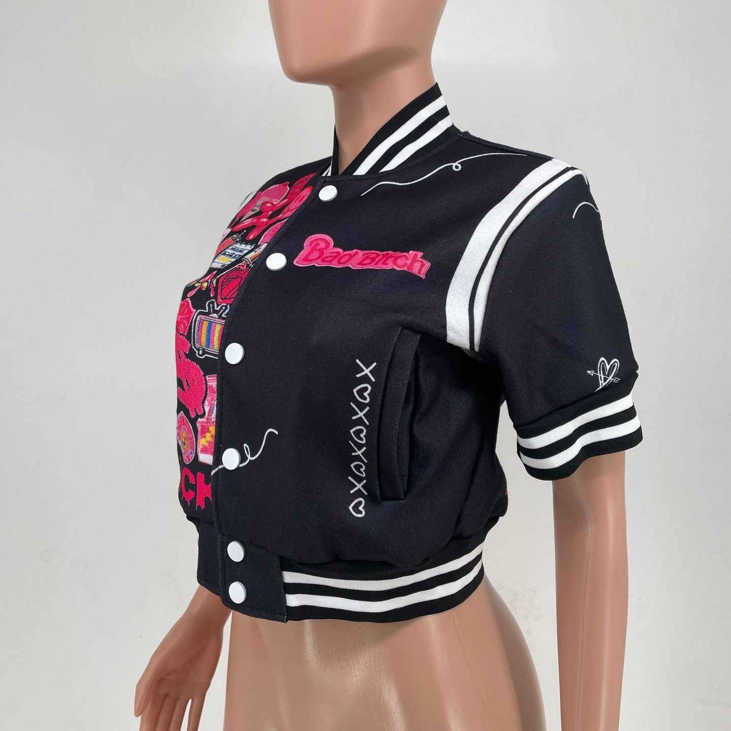Women Graphic Short Sleeve  Crop Baseball Jackets