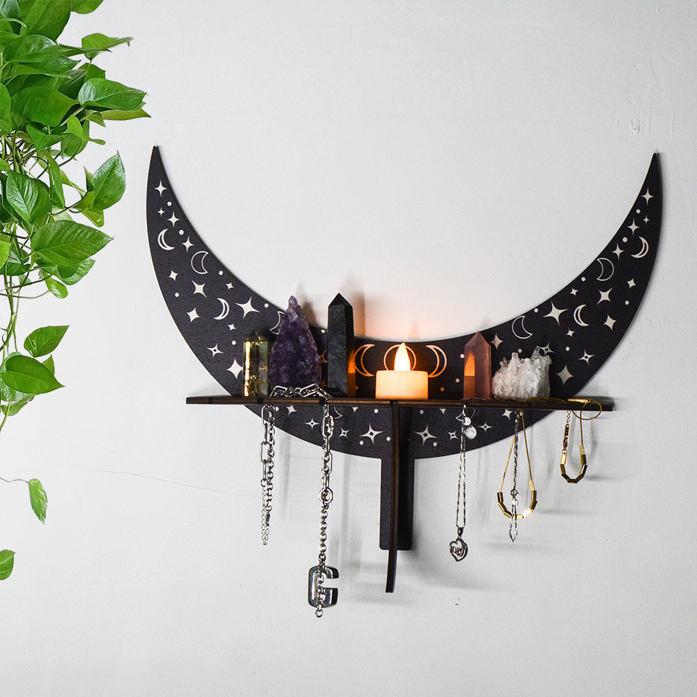 Moon Shaped Wall Mounted Storage Rack Rustic Altar Shelf Crystal Organizer Candlestick Floating Shelves for Home Room Wall Decor