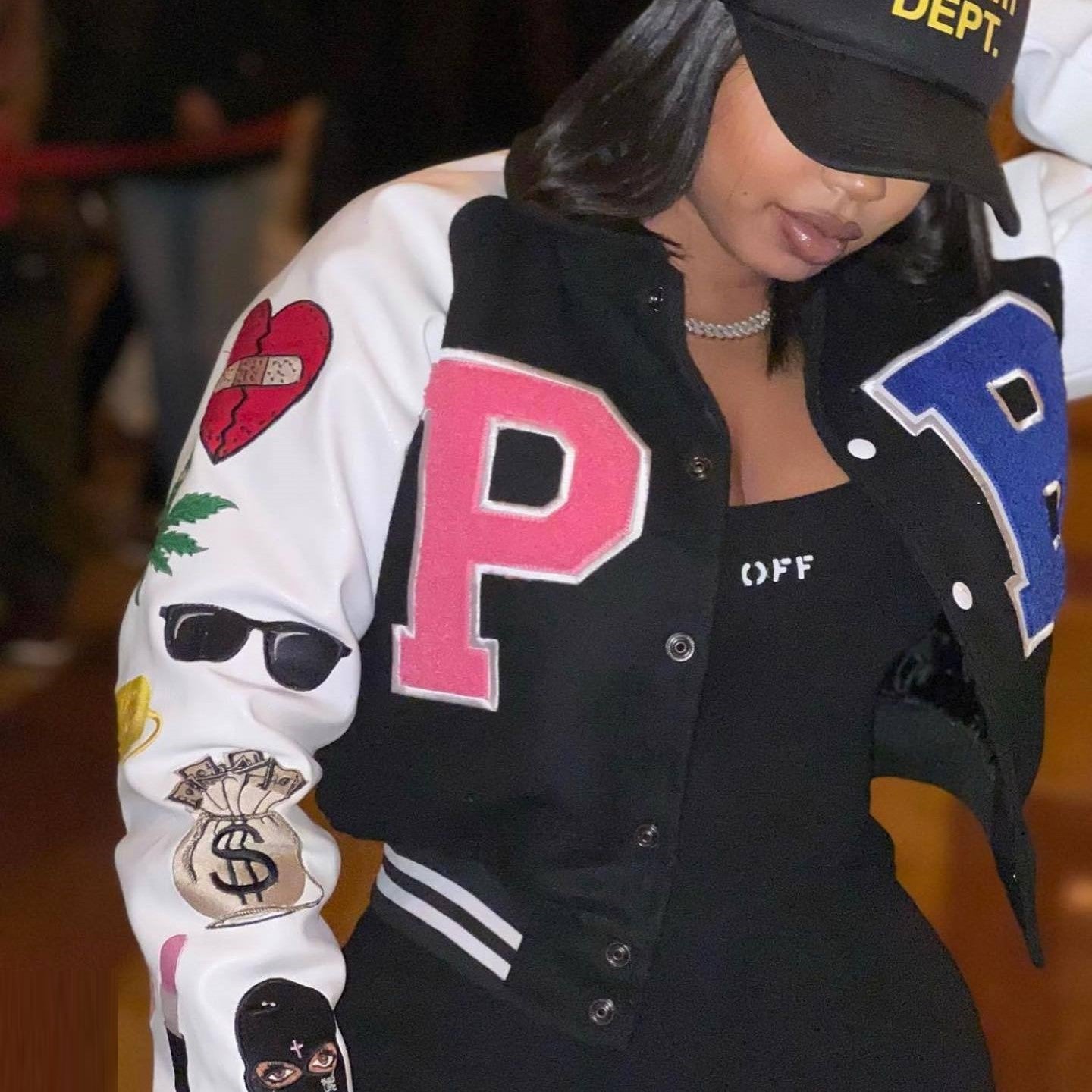 Fashion Casual Black Letter Women's Baseball Jacket