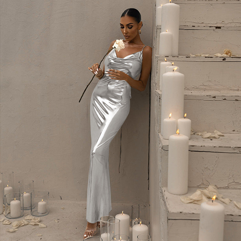 Silvery  Spaghetti Straps  Backless Party Maxi Dress