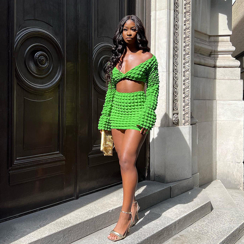 Fashion Green Crop Top And Skirt Women's Suit