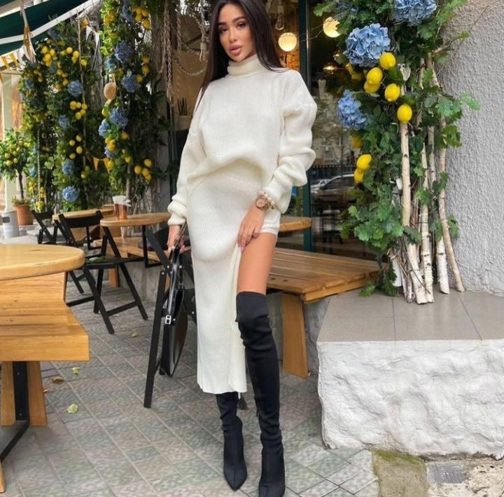 Turtle Neck  Solid Sweater Top And Slit Skirt Sets