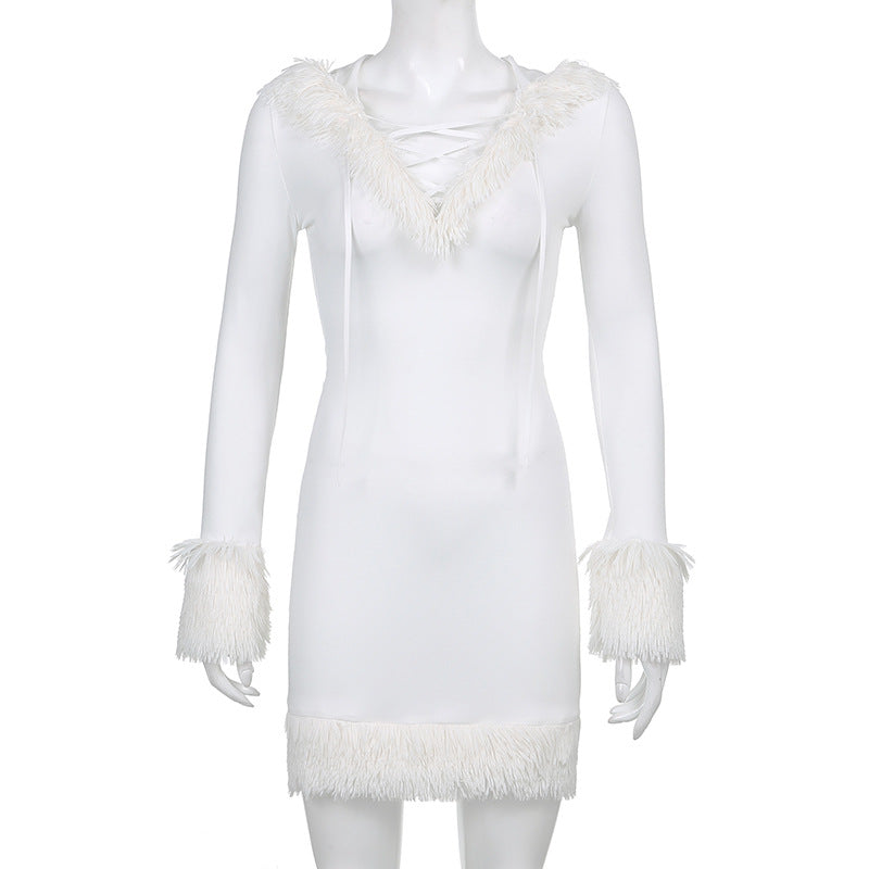 Slim Hooded Plush White Ladies Long Sleeve Dress