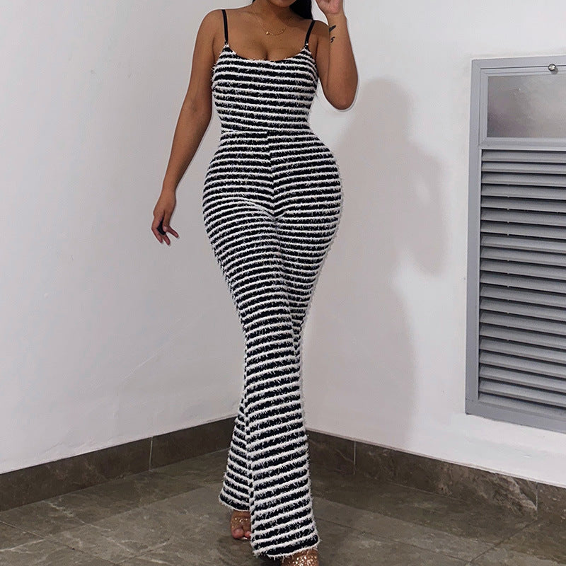 Sexy Black Striped Backless Sleeveless Flared Jumpsuits