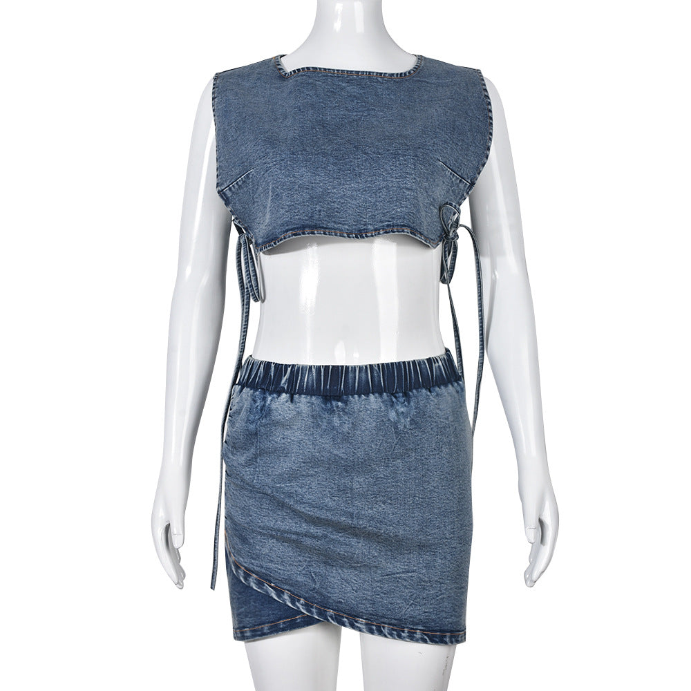2023 Light Blue Bandage Patchwork Denim Skirt Set