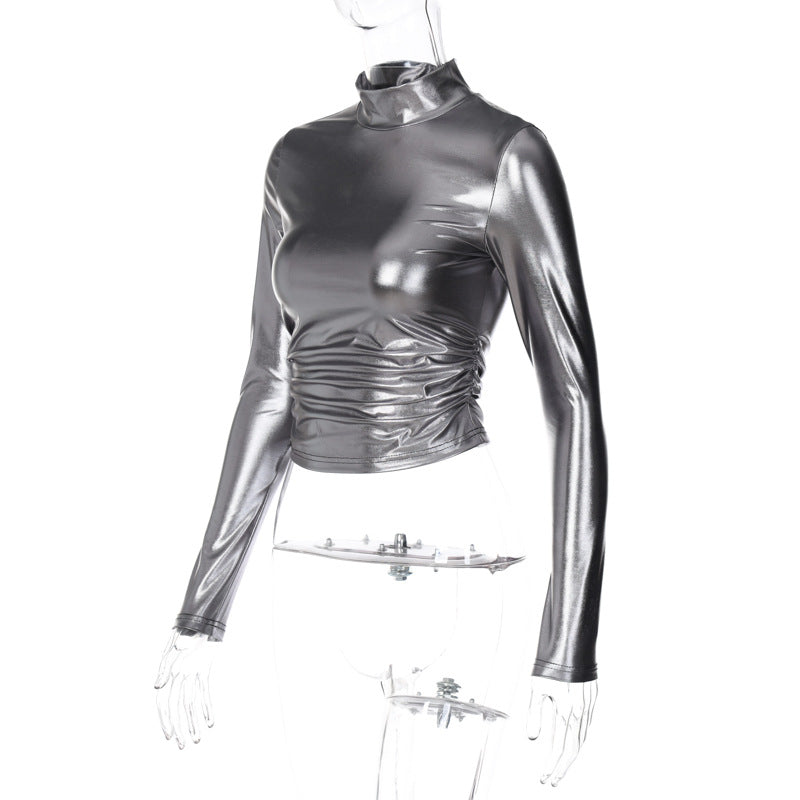 Tight Mock Neck Silvery Navel Women's Top