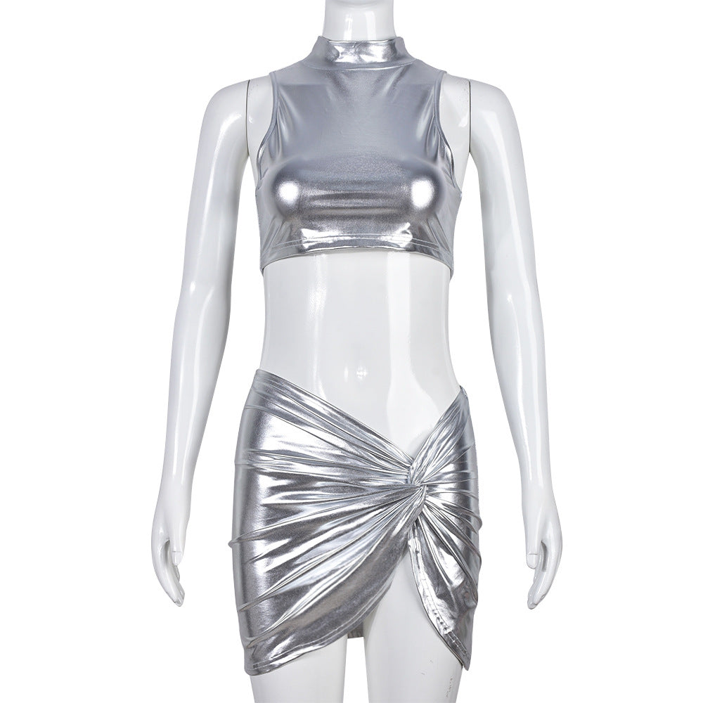 Silvery Sleeve Crop Top And Short Skirt Set