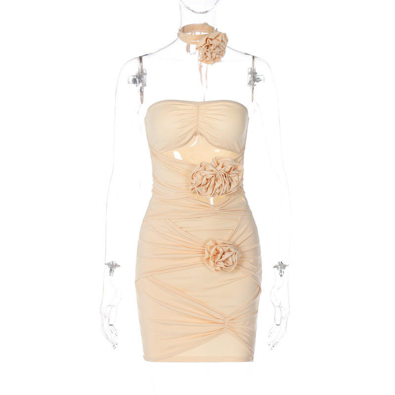Women Apricot  Ruched Flower Strapless Mini Party Dress
