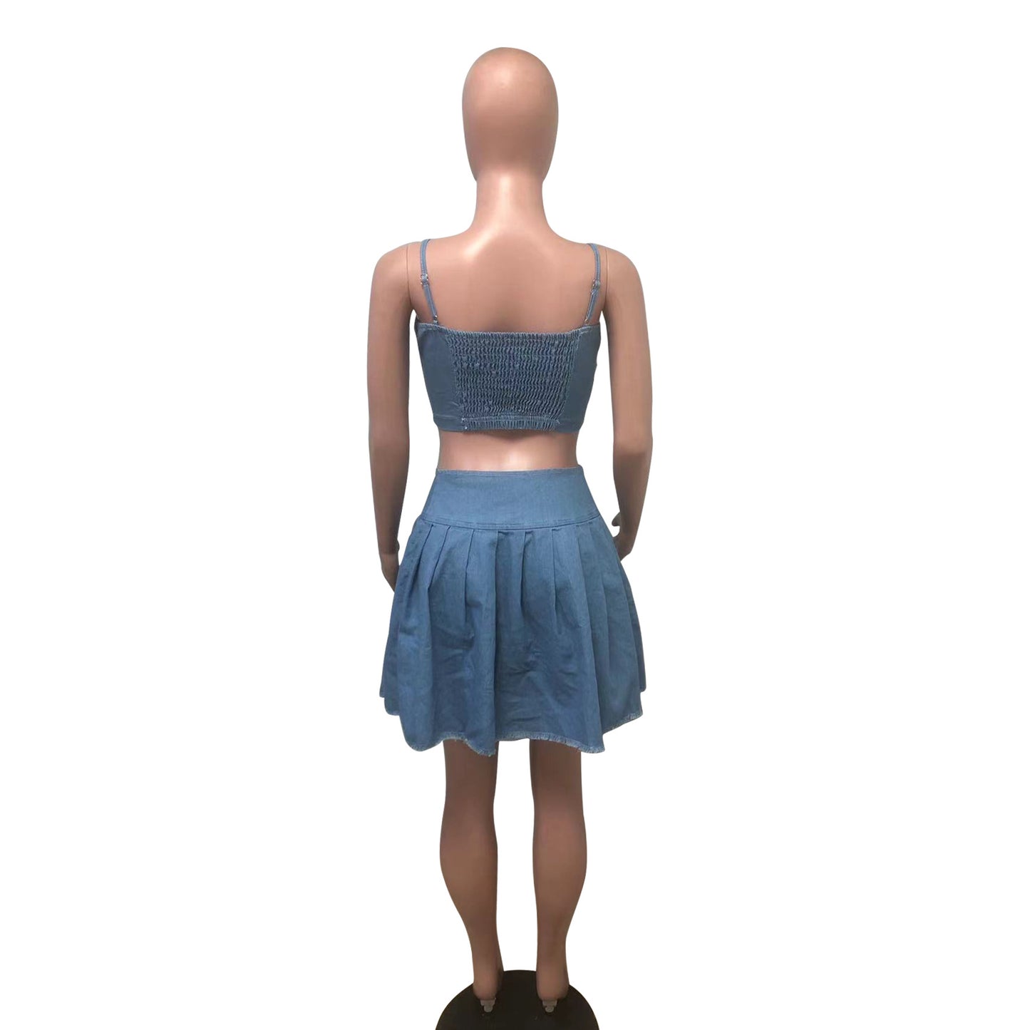 Casual Blue Sleeveless Top And Pleated Skirt Set