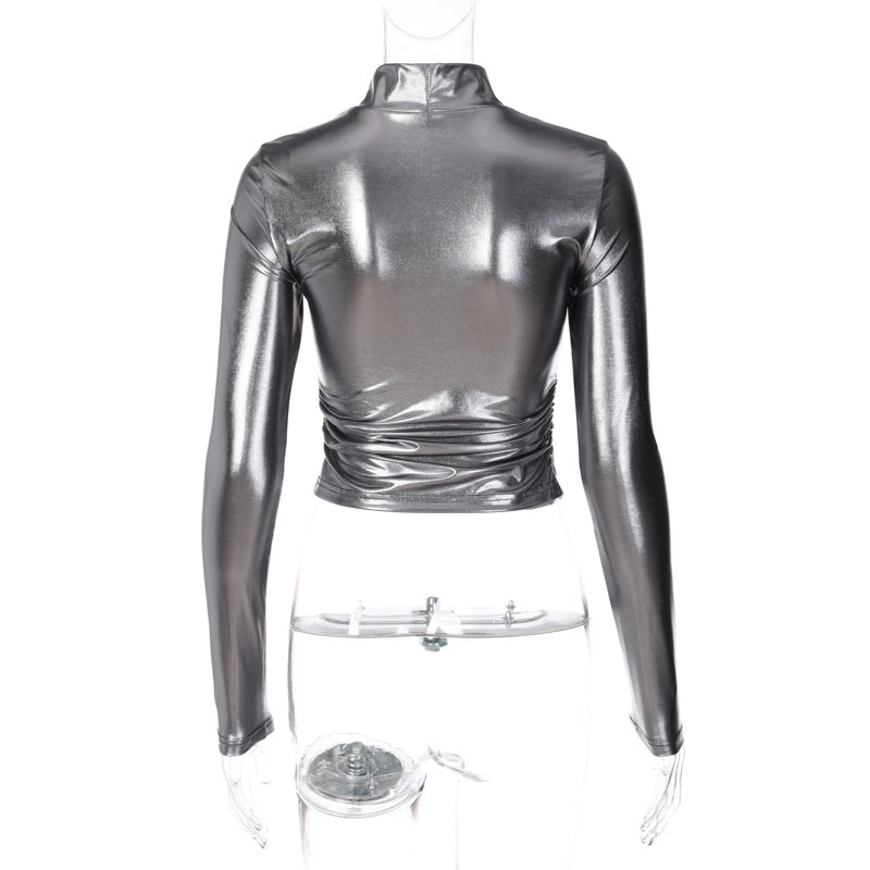 Tight Mock Neck Silvery Navel Women's Top