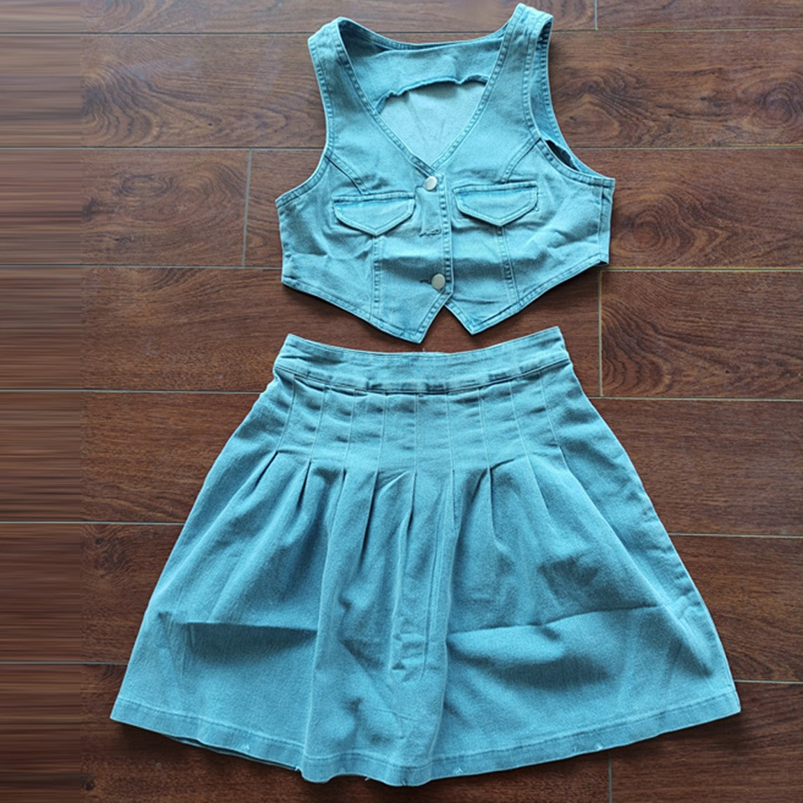 Blue V Neck Denim Pleated Skirt And Vest Top Sets