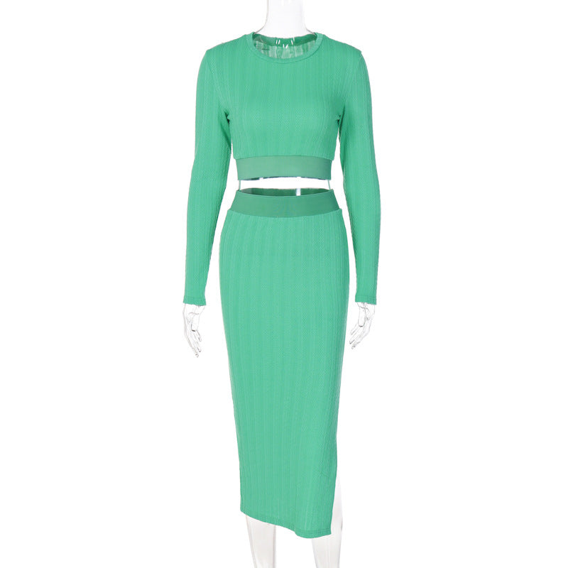 Pure Color Crop Top And Skirt Suit