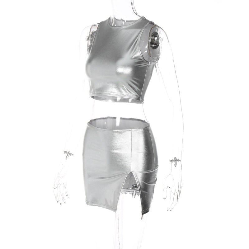 Silvery  Tank Top And Slit Mini Skirt Sets