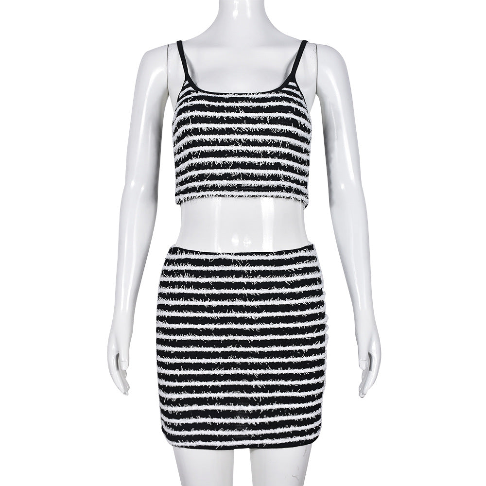 Black White Striped  Two Piece Skirt Sets