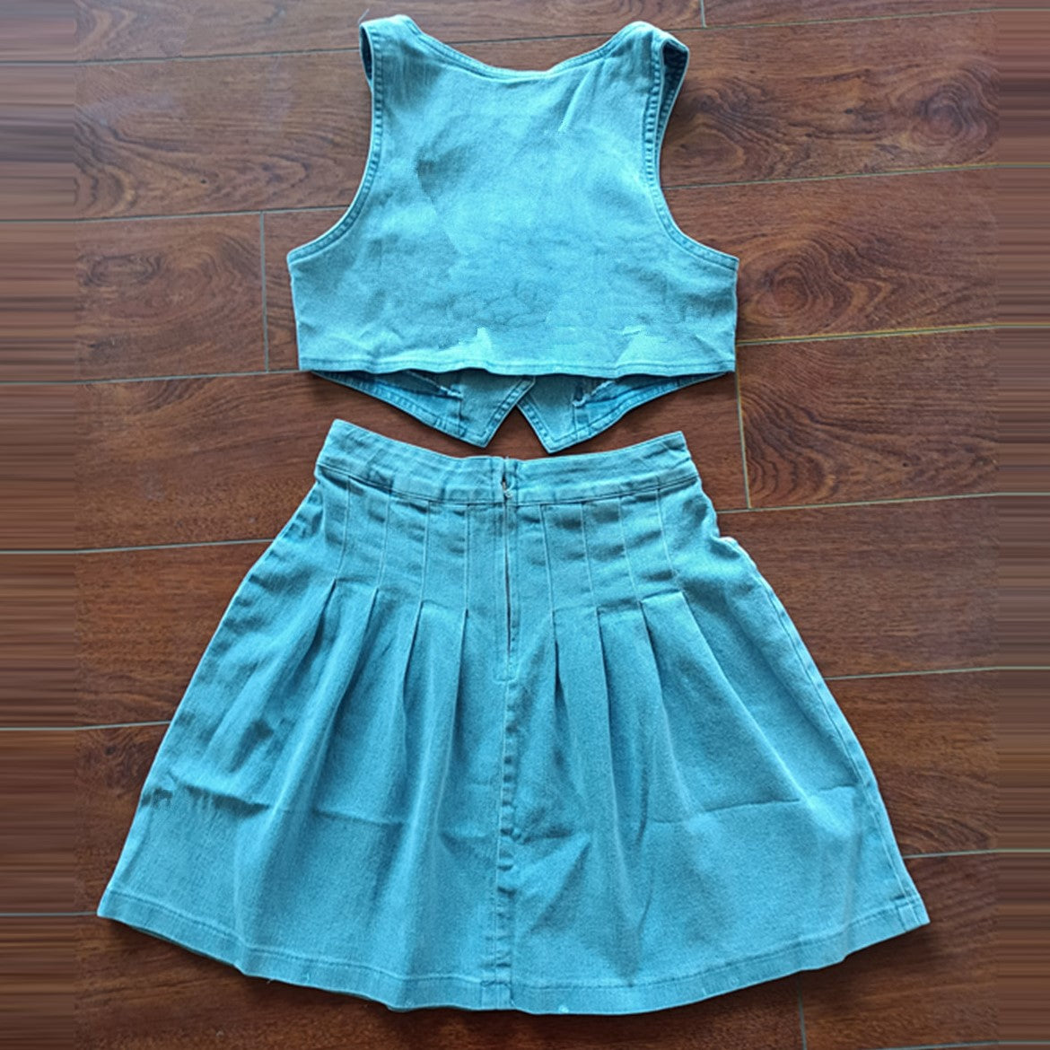 Blue V Neck Denim Pleated Skirt And Vest Top Sets