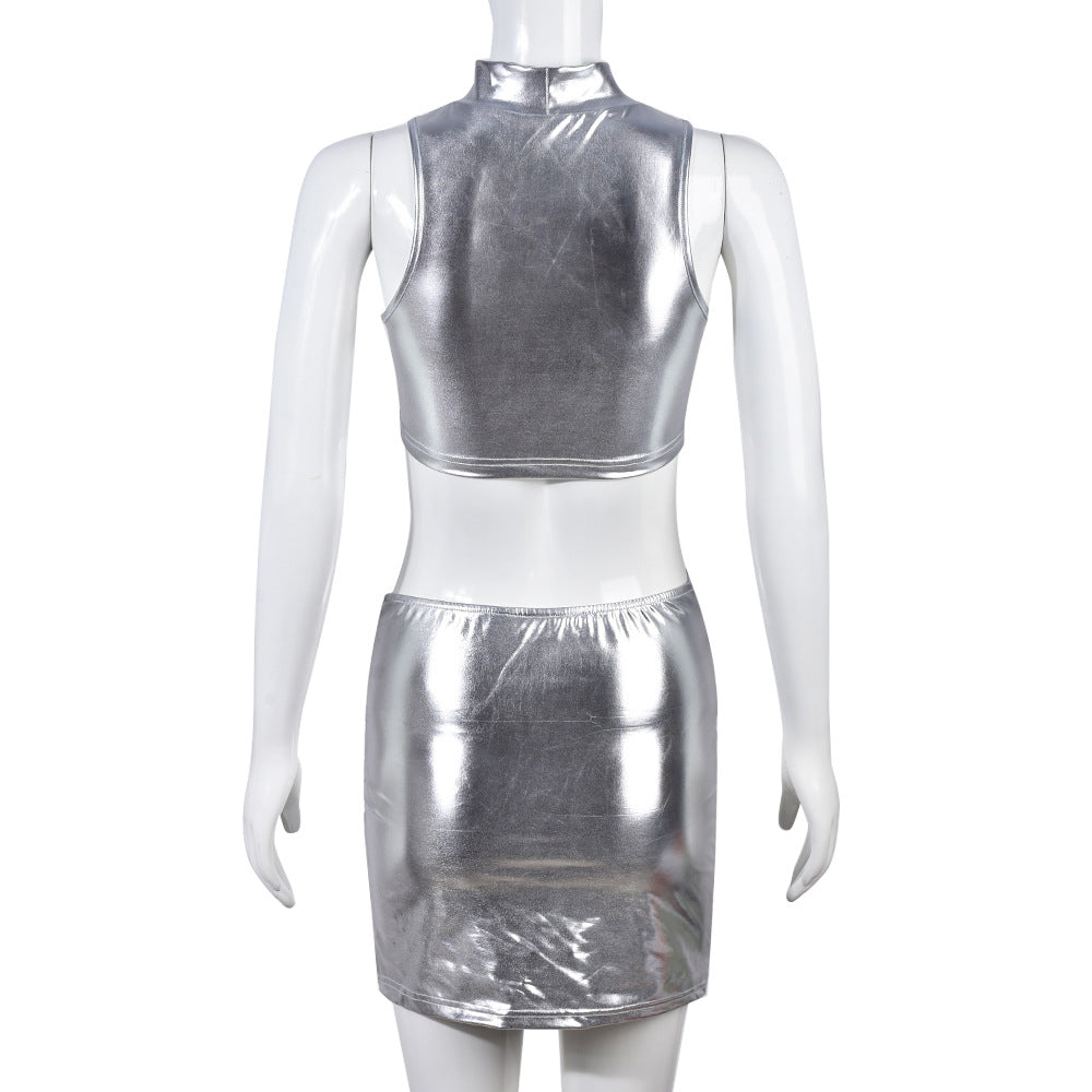 Silvery Sleeve Crop Top And Short Skirt Set