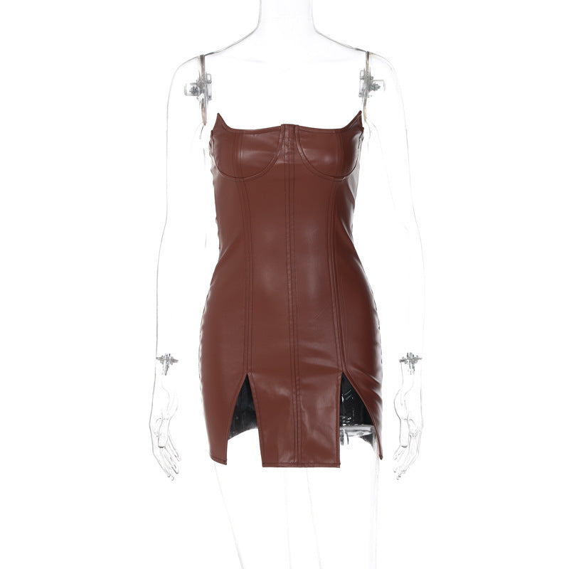 Sexy PU Leather Zipper Up Strapless Slit Mini Dress