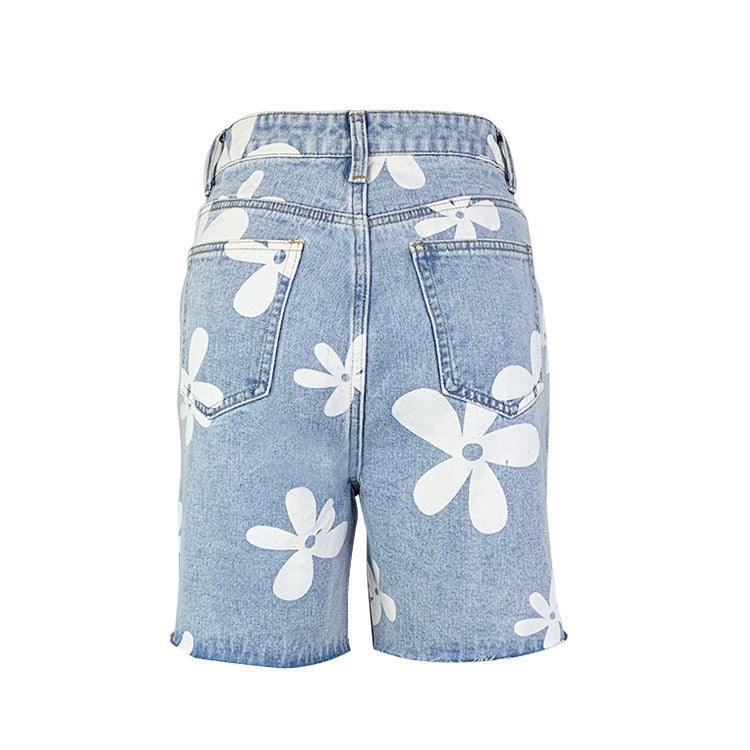 Fashion Flower Printed Denim Shorts