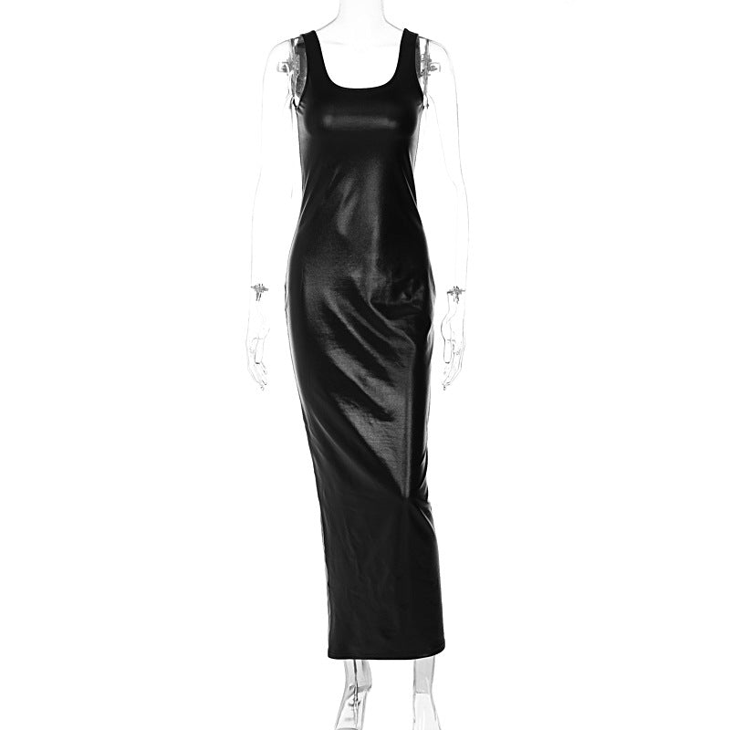 PU Leather Backless Sleeveless Maxi Dress