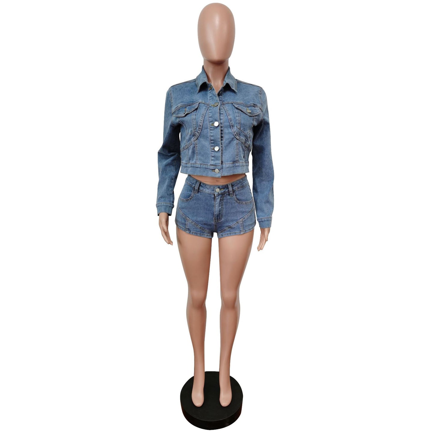 Fall Blue Denim 2 Piece Outfit Sets For Ladies