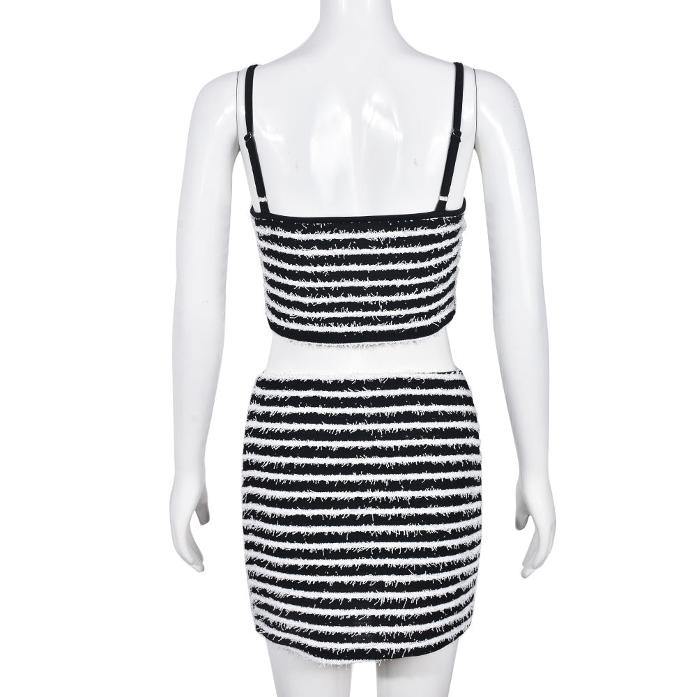 Black White Striped  Two Piece Skirt Sets