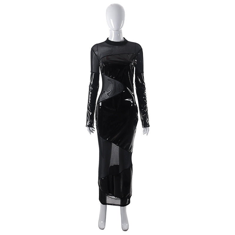 Fashion Black Pu Patchwork Slim Long Dress