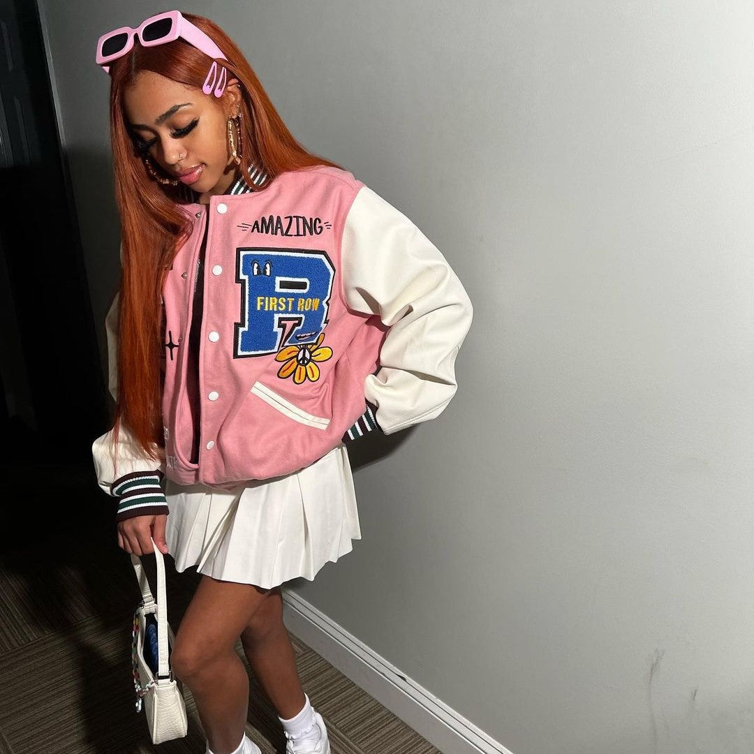 Autumn Casual Pink Letter Baseball Jacket