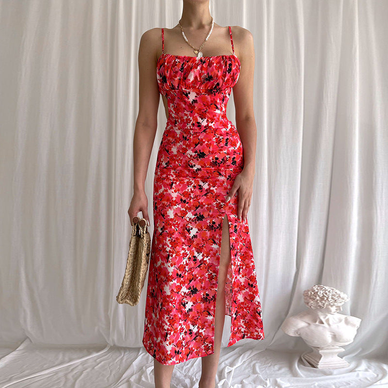Summer Printing Sleeveless Slit Midi Dress