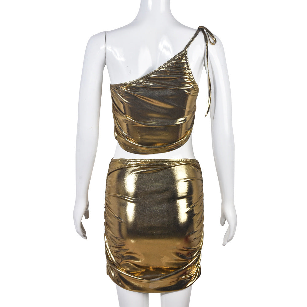 Gold  Inclined Shoulder Cropped Top And Ruched Skirt Sets