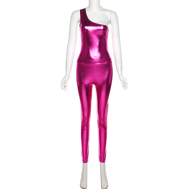 Sexy Glossy PU Pure Color Trouser Suit