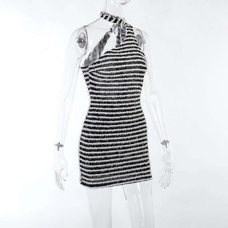 Casual  Striped  Halter Black Short Dress