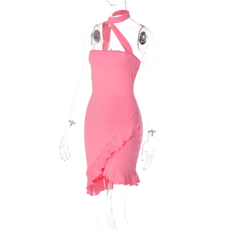 Tie Wrap Pink Ruffle  Halter Mini Dress