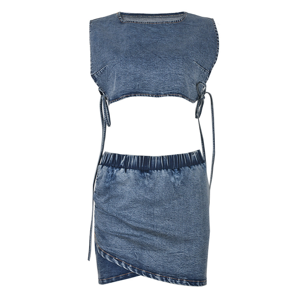 2023 Light Blue Bandage Patchwork Denim Skirt Set