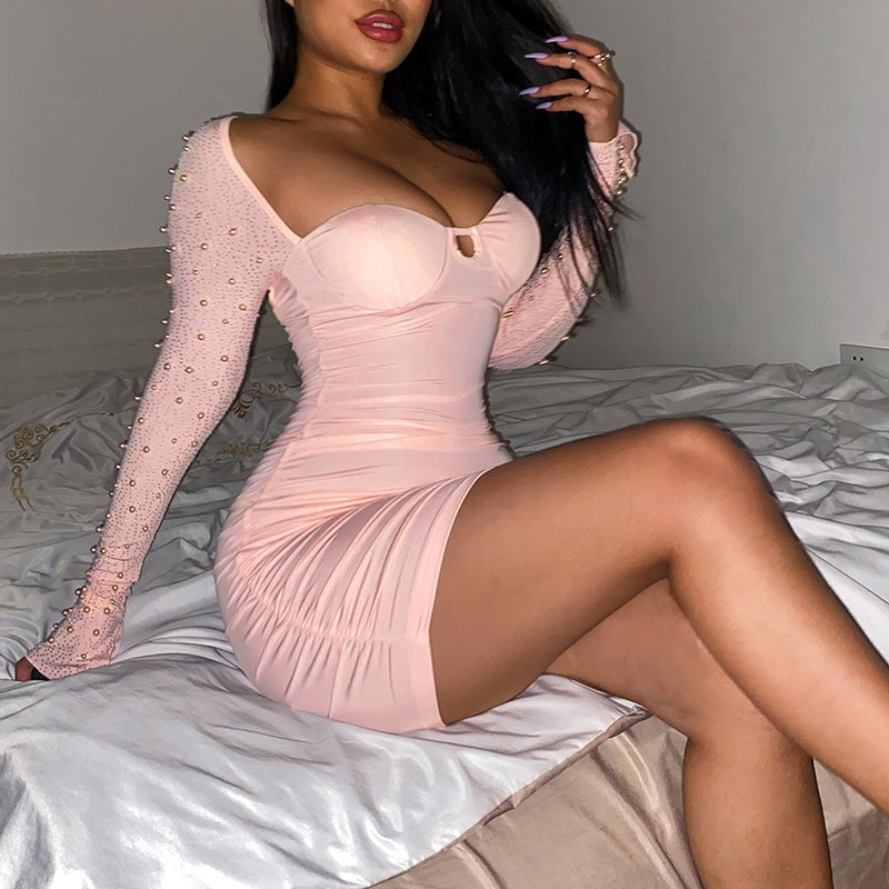 Sexy Beading Hollow Out Backless Pink Long Sleeve Dress